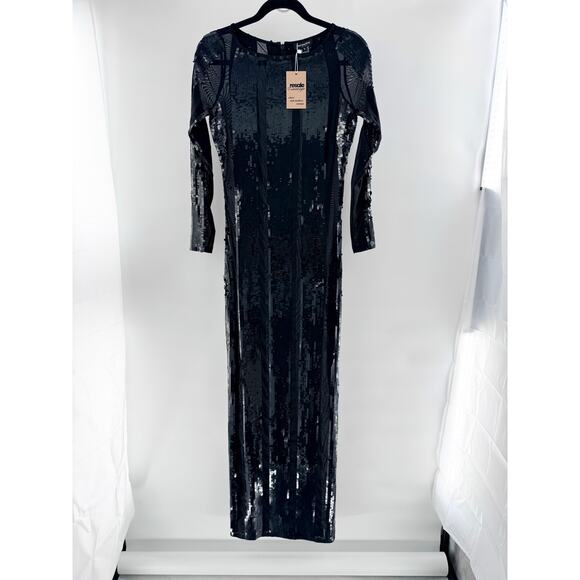 Retrofete Elsi Long Sleeve Mesh Sequin Bodycon Maxi Dress Black Women's Size S - Picture 2 of 5